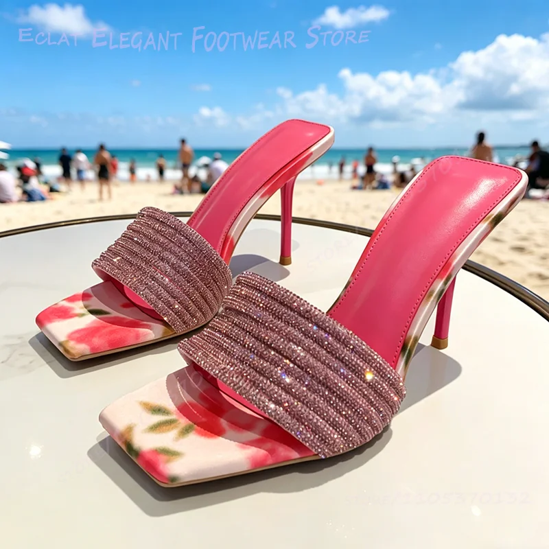 

Colorful Ethnic Graffiti Red Rose Slippers Women Sandals Fuchsia Beach Heels Square Crystal Strap Cute Summer Beach Shoes Girls