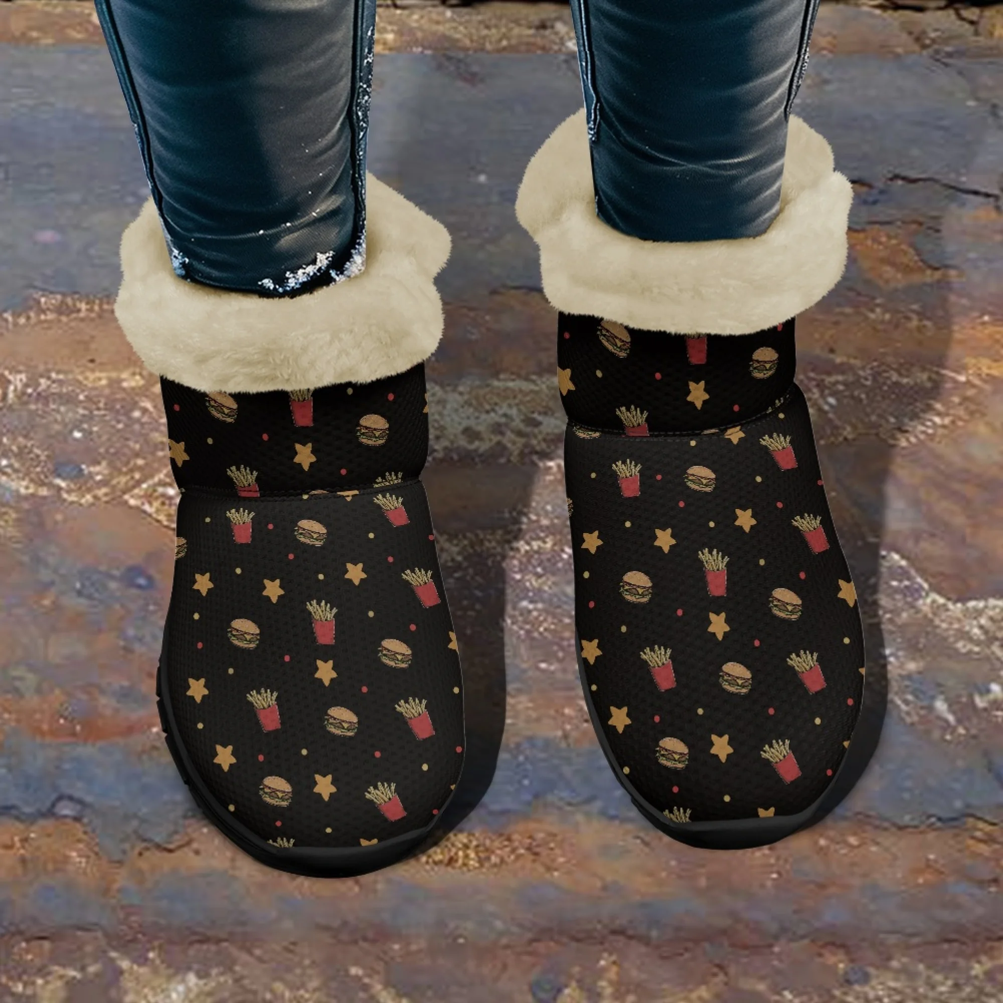 

INSTANTARTS теплые пушистые зимние ботинки с принтом картофеля фри, гамбургера, женская зимняя обувь, мягкие удобные повседневные ботинки, короткие плюшевые ботинки