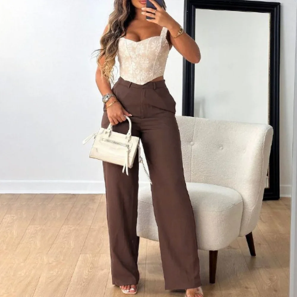 

Women Long Pants Wide Leg Pant Work High Waist Casual Loose Regular Elegant Splice Capris Straight Trousers Autumn Spring