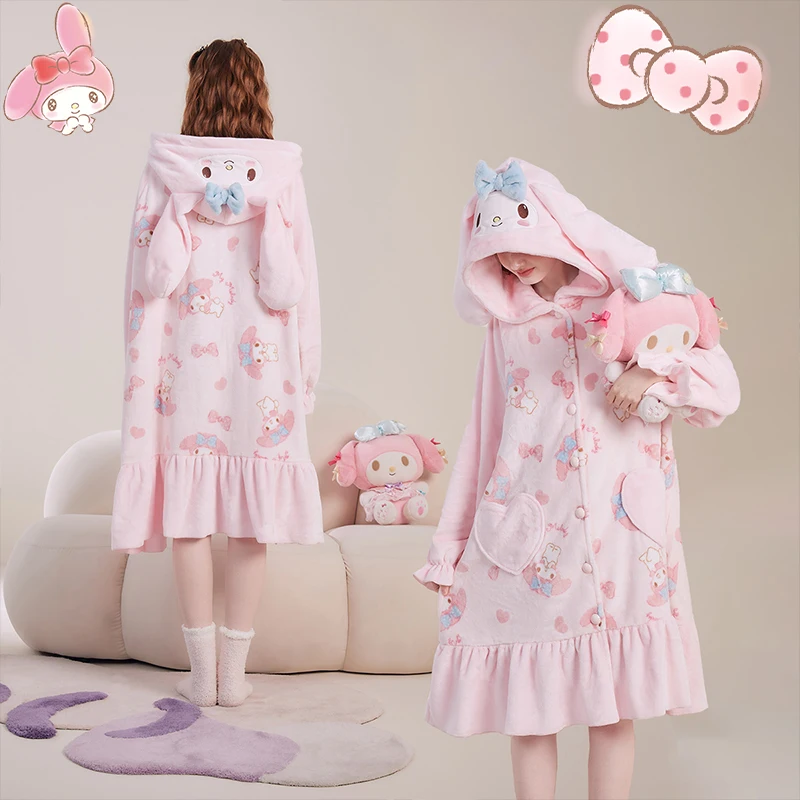 Cartoon My Melody Women Plush Pajamas Robe Set Sanrioed Anime Kawaii Homewear Winter Long Style Thickened Nightgown Pants Sweet