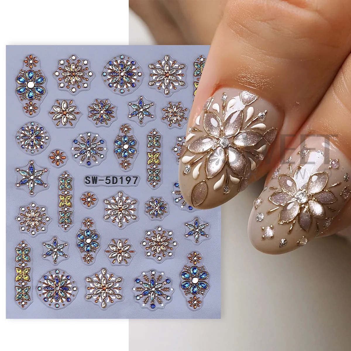 2 Stück Luxus Edelsteine 5D geprägte Nagelaufkleber Schneeflocke Blume Liebe Herz selbstklebende Abziehbilder Winter Retro Charms Sliders Maniküre Tipps – Detail 3