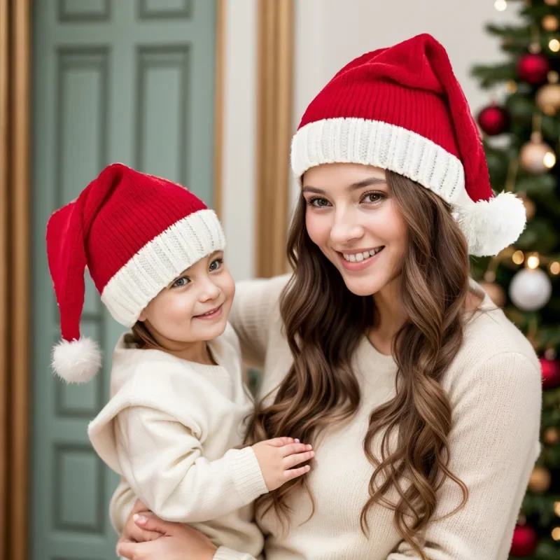 2025 Knitted Christmas Hat Cute Pompom Adult Child Soft Beanie Santa Cap New Year Party Kids Gift Navidad Natal Noel Decoration