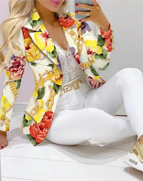 Casual Floral Print Suit Coat Pants Set Office Lady Fashion Elegant Long Sleeve Top Trousers Two Piece Set Women Outfit 2023