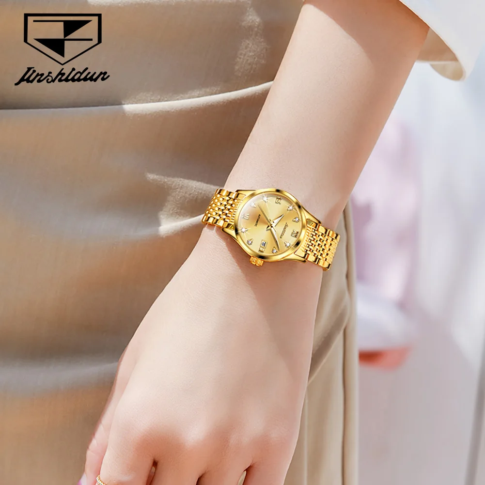 JSDUN 8807 Luxury Mechanical Watch Diamond Dial Gift Round-dial Stainless Steel Watchband Week Display Calendar HD Women Watch