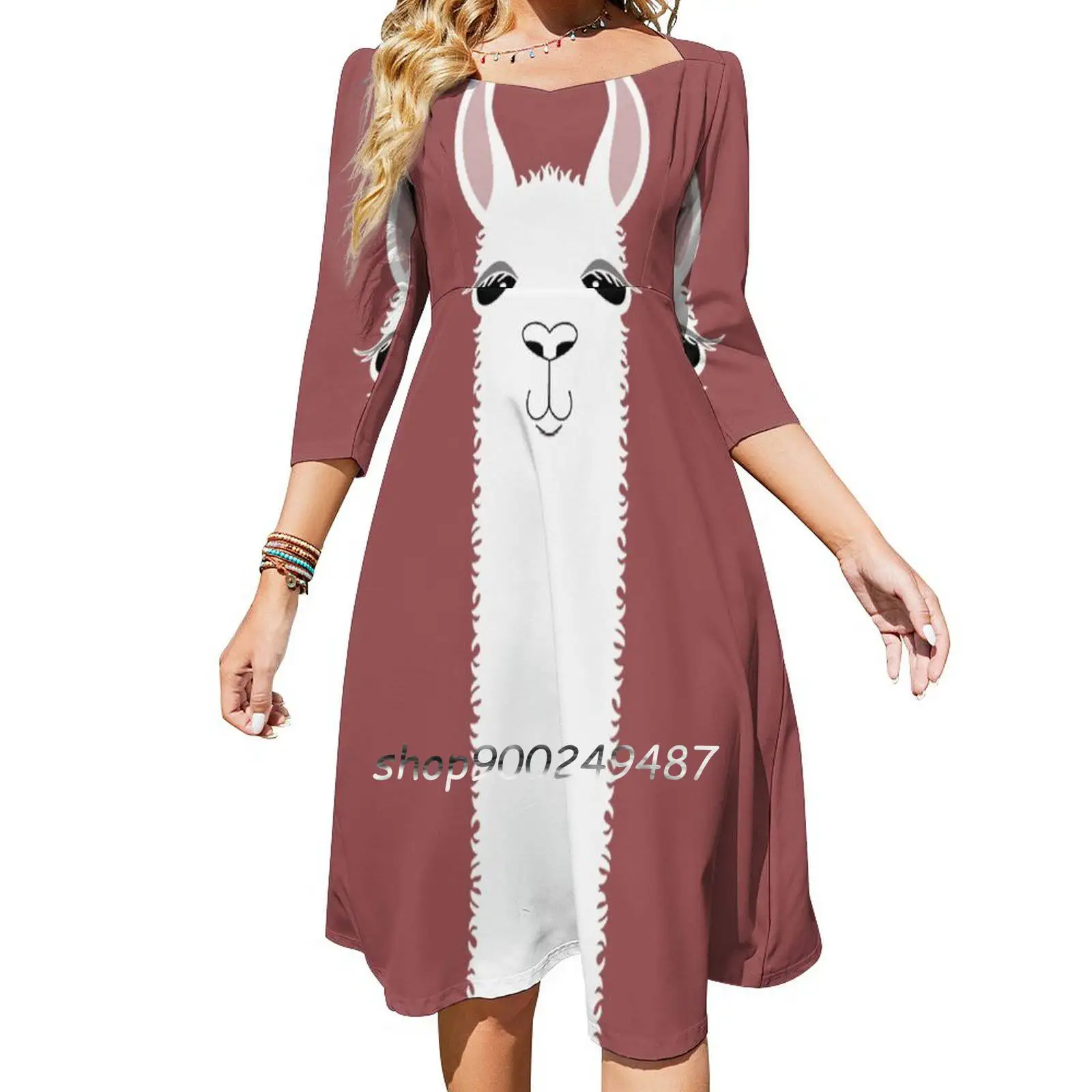 Marsala Llama Portrait Dresses For Women A-Line Korea Style Slim Long Sleeve Dress Pet Pets Portrait Llama Llama Alpacas Alpaca