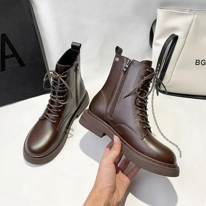 Leather Short Shoes for Women Platform Combat Lace-up Brown Female Ankle Boots Punk Style with Laces Booties Elegant Low Heels