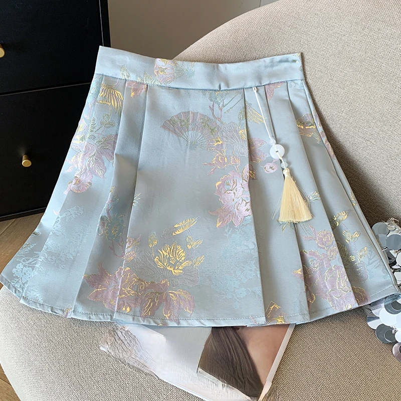 Summer Women High Waisted Jacquard Flower Pleated Chinese Style Skirt , Woman Vintage Dobby Floral Tassel Blue Skirts