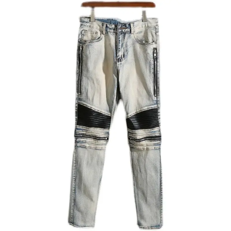 

New Spring Autumn Washed Luxury Clothing High Street Work Patchwork Leather Motorcycle Punk Zipper Slim Pencil Casual Jeans