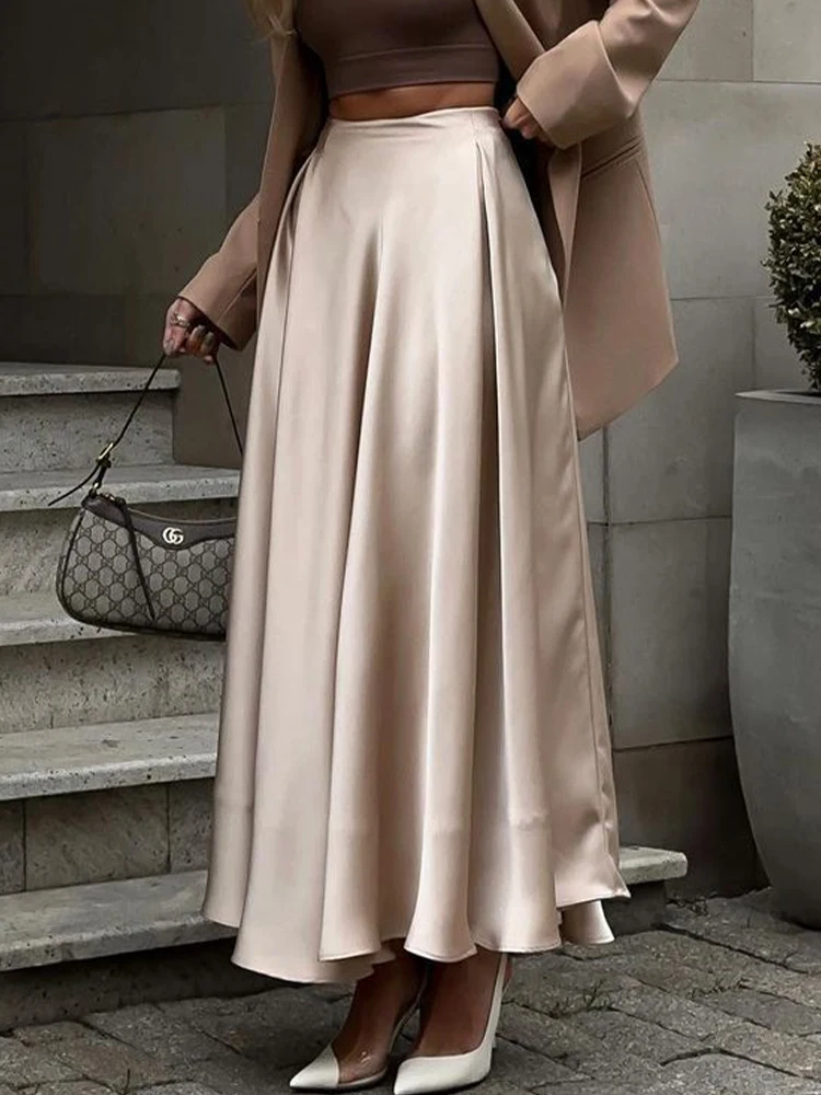 Satin Long Skirts Women Autumn High Waist Maxi Skirts Ladies Loose A-Line Skirt Fashion White Slim Streetwear Jupe Femme