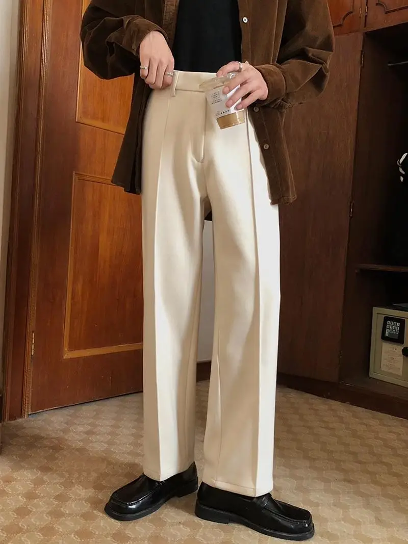 

Korean Style Casual Woolen Straight Leg Men's Suit Pants Loose Drape Vintage High-End Long Trousers for Autumn Winter