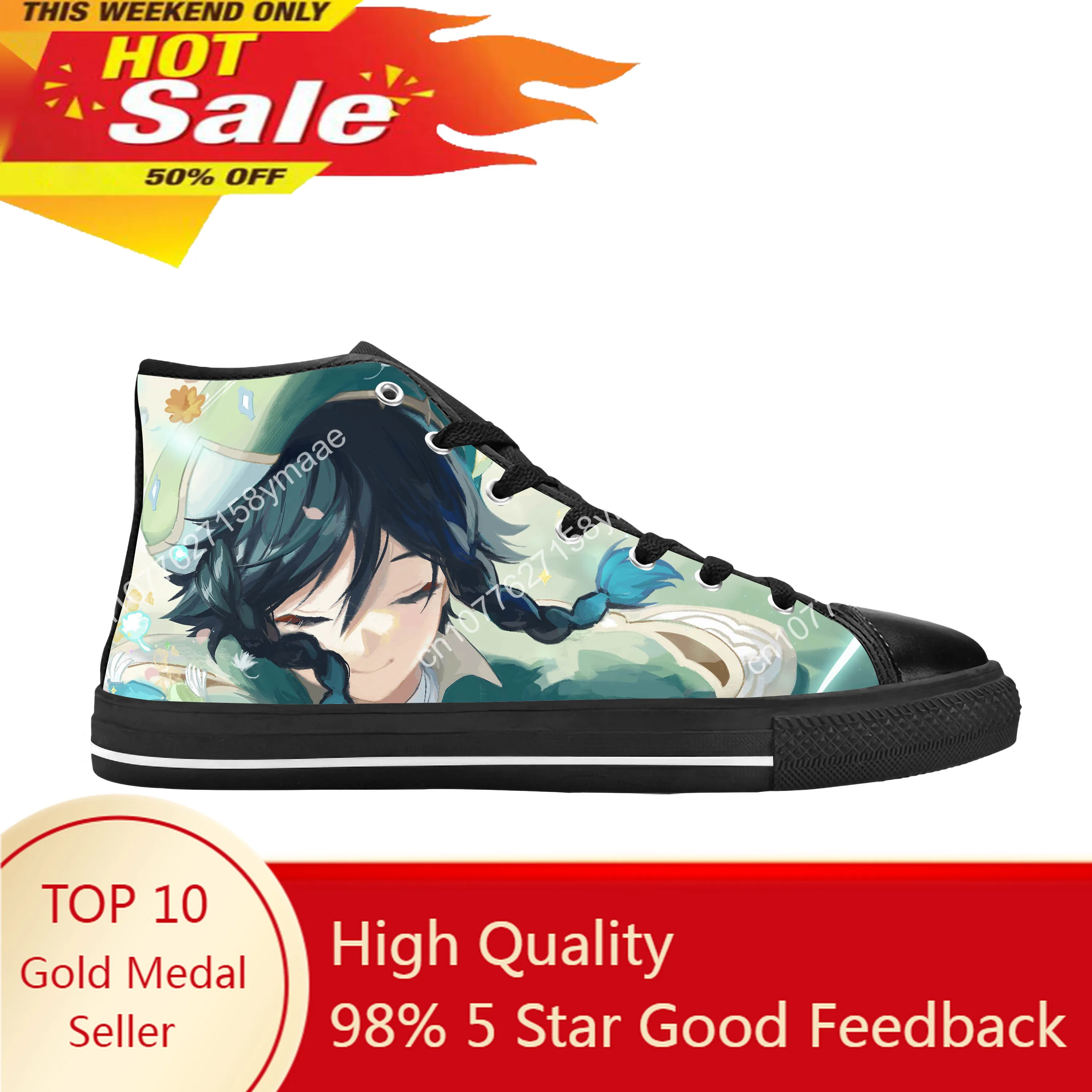 Anime Manga Cartoon Genshin Impact Venti Barbatos Casual Cloth Shoes High Top Comfortable Breathable 3D Print Men Women Sneakers