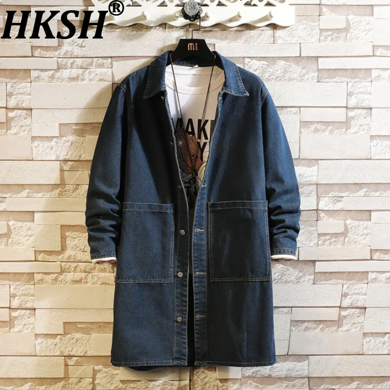 HKSH Spring Autumn New Men Denim Windbreaker Jacket Korean Mid-Length Coat Lapel Oversized Chic Ins Light Luxury Trench HK28127