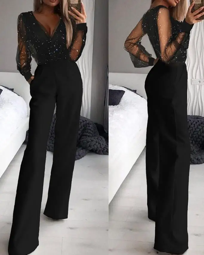 

Women's Urban Romper 2025 Spring Summer Latest Temperament V-Neck Mesh Mesh Powder Patchwork Jumpsuit High Waisted Bodysuit