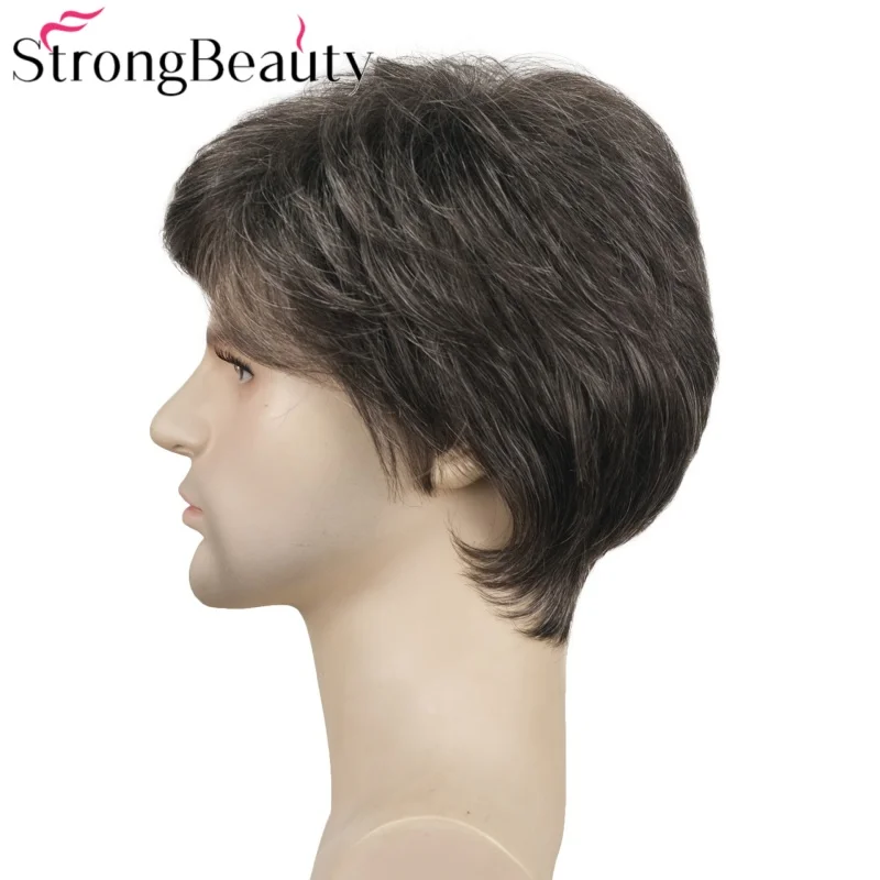 شعر مستعار قصير مستقيم للرجال من سترونج بيوتي، شعر مستعار صناعي طبيعي أسود/رمادي بدون غطاء مقاوم للحرارة #4