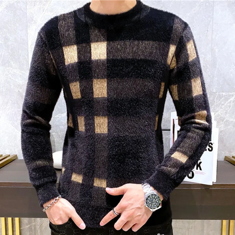 

2023 Fall Plaid Contrast Patchwork Printing Pullover Sweater Men Black Korean Sweater Designer Fashion Knit Pullover Sweater