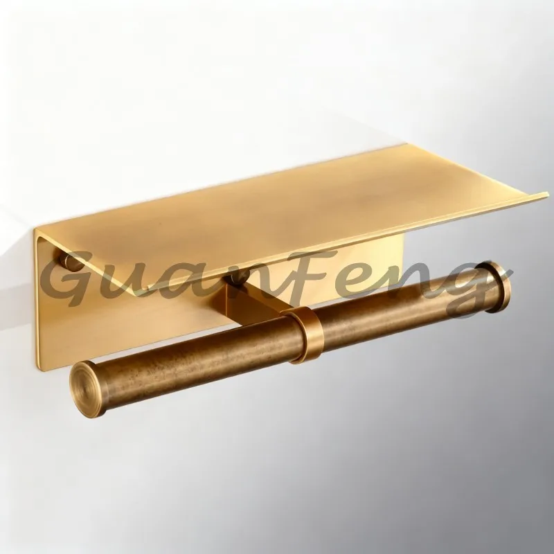Gold Wall‑Mounted Double Roll Toilet Paper Holder, Multi‑Functional Tissue Dispenser with Shelf for Bathroom