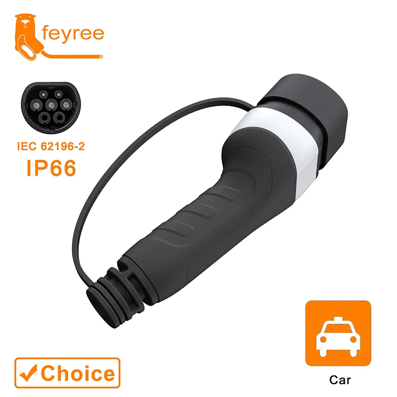 Feyree-cargador EV tipo 2, enchufe hembra para lateral de coche, 16A, 32A, 1 fase, 11kW, 22kW, adaptador de IEC62196-2 trifásico para vehículo