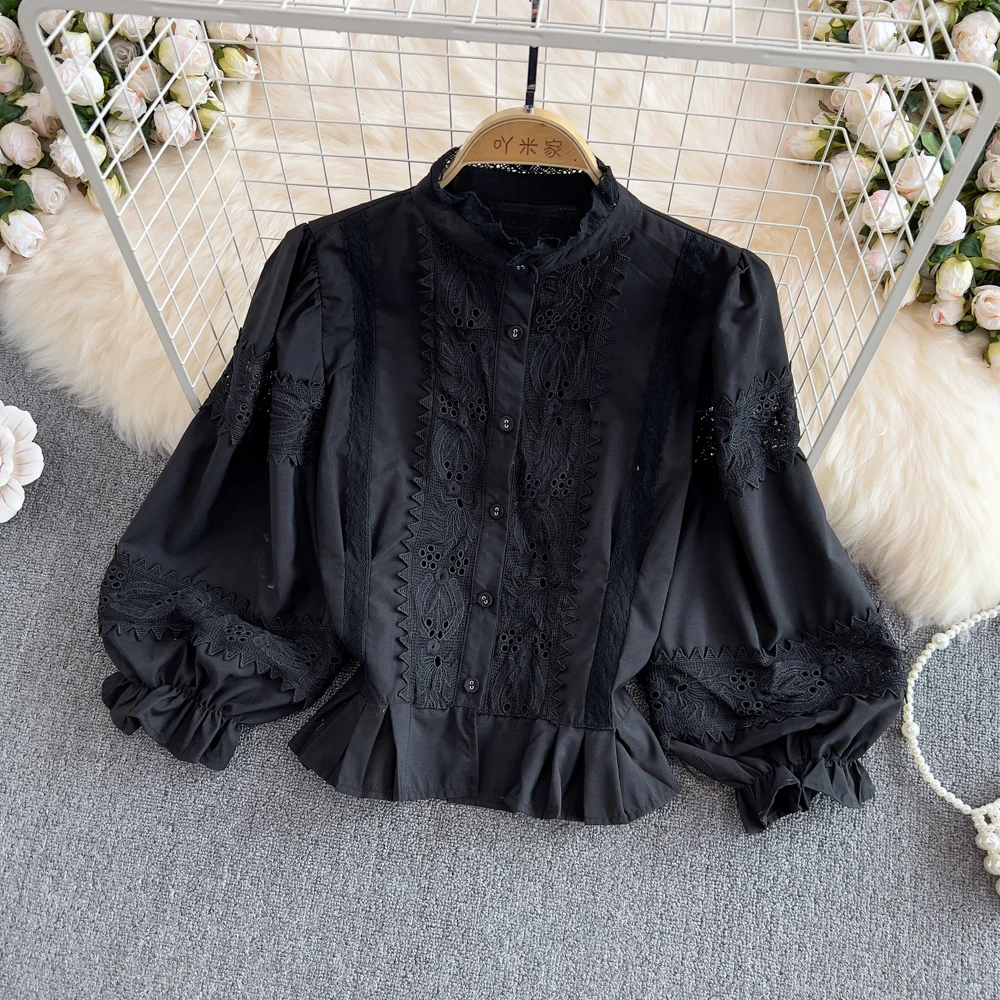 

Ретро Court Sle Воротник-стойка с одной пуговицей Кружевная отделка Свободный фонарь Све Женский irt Faionable Waist Cinching...