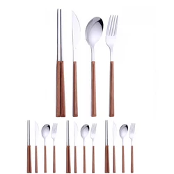 16Pcs Imitation Wood Hand Cutlery Set 304 Stainless Steel Steak Cutlery Tableware set Spoon and Fork Chopsticks Tableware Sets