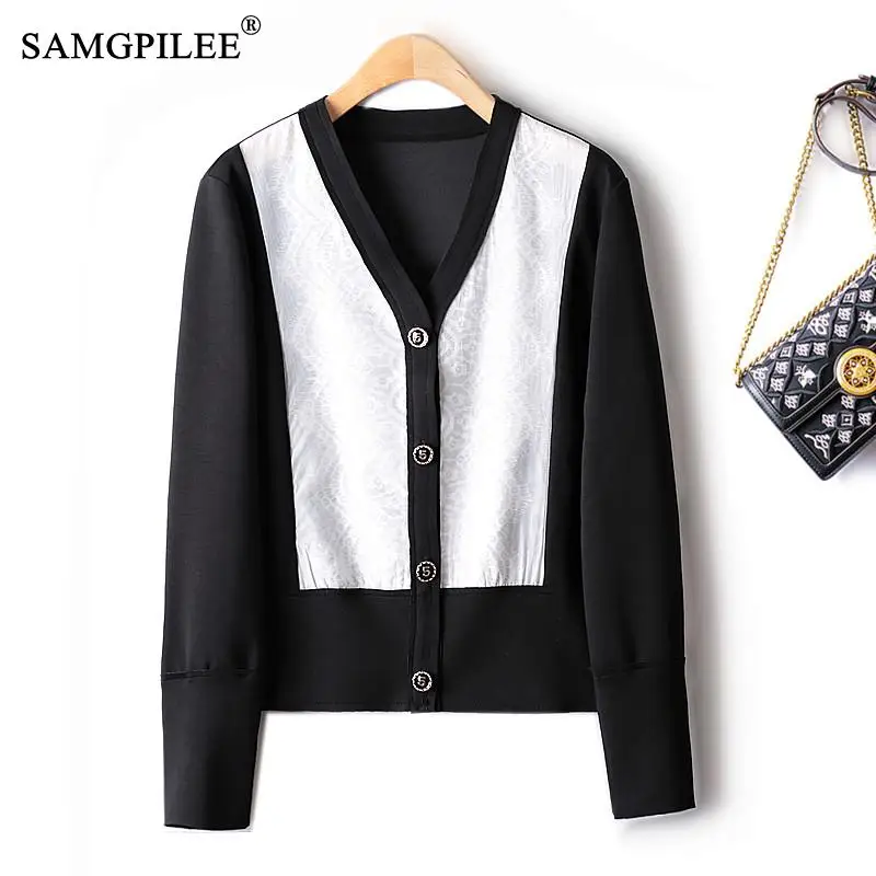 

Jackets For Women 2022 Cardigan Slim Light Luxury Organza Contrast Stitching Single Breasted Knitted Air Cotton Tops Female 4XL