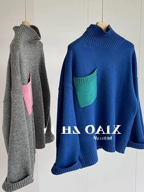 

Свободный шерстяной вязаный свитер с высоким воротником, женский лоскутный цветной блузка, осенне-зимний модный повседневный удобный топ