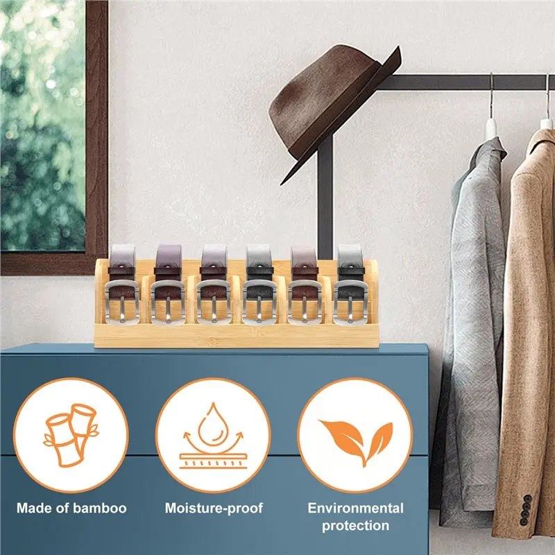 PORK-Бамбуковый 6-сетчатый органайзер для ремня, коробка для хранения часов, аксессуары для гардероба, коробка для хранения галстуков