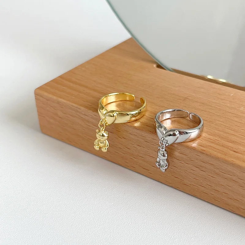 Ins Korean Cute Cartoon Mini Bear Pendant Rings for Women Gold Silver Plated Love Heart Open Ring Jewelry Anillo Whole Sale
