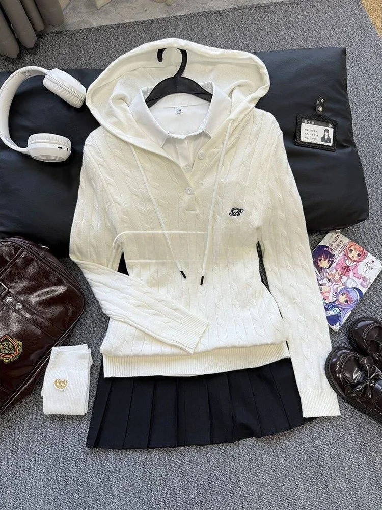 

Корейская белая вязаная толстовка с капюшоном Long Sve Jaet School orm, одинаковый комплект, осенне-зимняя модная женская одежда