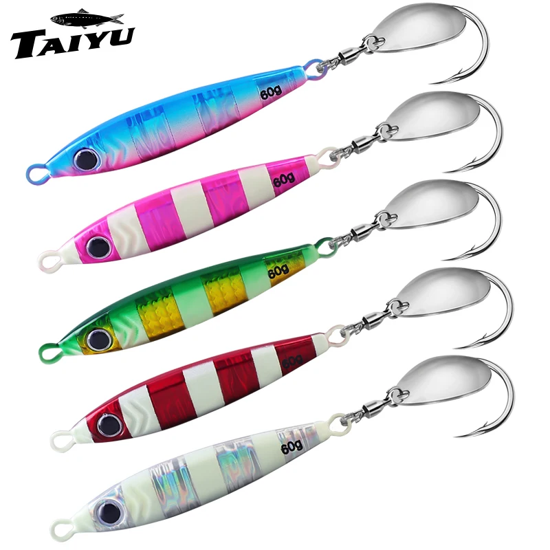 TAIYU Placa de hierro de extracción rápida pescado de plomo 60g/80g placa de hierro Barracuda con gancho único giratorio cuchara Flash bomba de pesca Treva amarilla