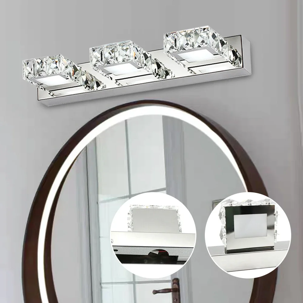 3-Head K9 Crystal LED Bathroom Mirror Light Modern Wall Mounted Vanity Lighting Fixture 32.29ft² Coverage IP65 Waterproof 6000K