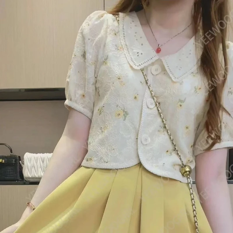 Blusa Corta de Verano con Cuello Preter Pan, Estilo Francés, Manga Corta, Color en Contraste, Estilo Y2K, Cárdigan de Crochet, Camisa Casual para Mujer