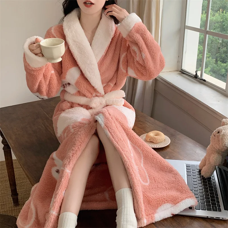 

Autumn Winter Women's Nightgown Lace Up Thick Coral Fleece Bathrobe Sweet Princess Style Flannel Sleepwear Warm Loungewear