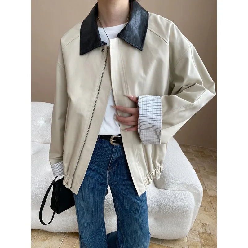 

SuperAen Ретро клетчатая кожаная куртка с лацканами, повседневная свободная куртка на молнии, пальто для женщин