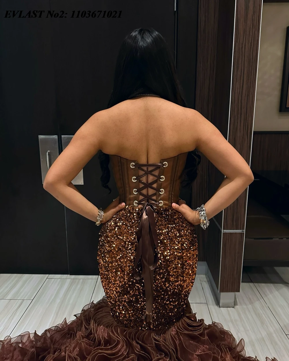 EVLAST Customized Shiny Brown African Prom Dress For Black Girls Ruffles Crystal Beaded Corset Mermaid Formal Party Gown E2P201
