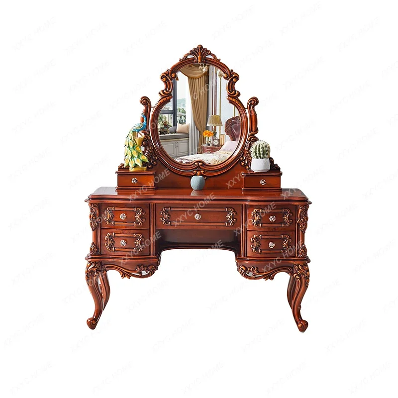 

Dresser Wood Carved Bedroom Dressing Table Cosmetic Mirror Storage Rack Villa Princess Dresser Dressing Table