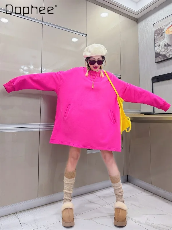 

Oversize Sweatshirts Autumn Winter Fleece-Lined Sweatshirt for Women Mid-Length Thickened Warm Casual Base Shirt Y2k Clothes