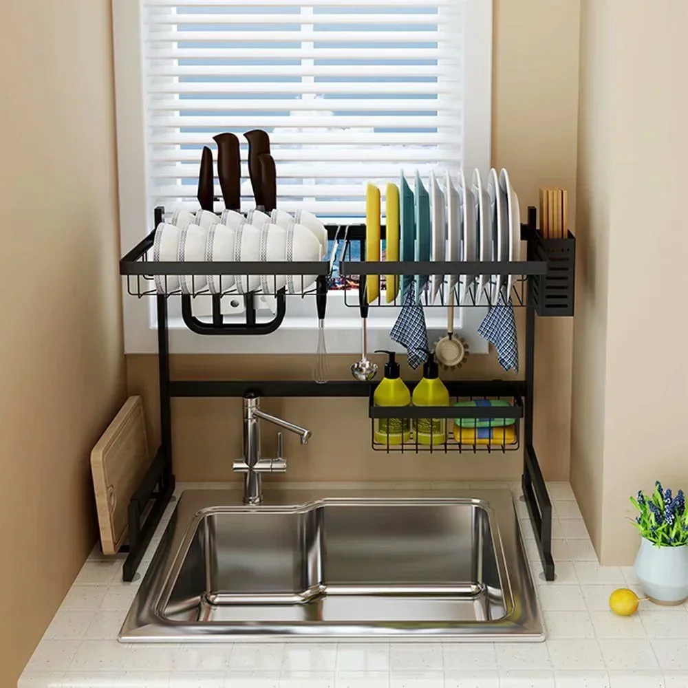 Dish Drying Rack Kitchen Over The Sink Dish Drain Rack Utensil Holder Double Sink Stainless Steel Matt Black