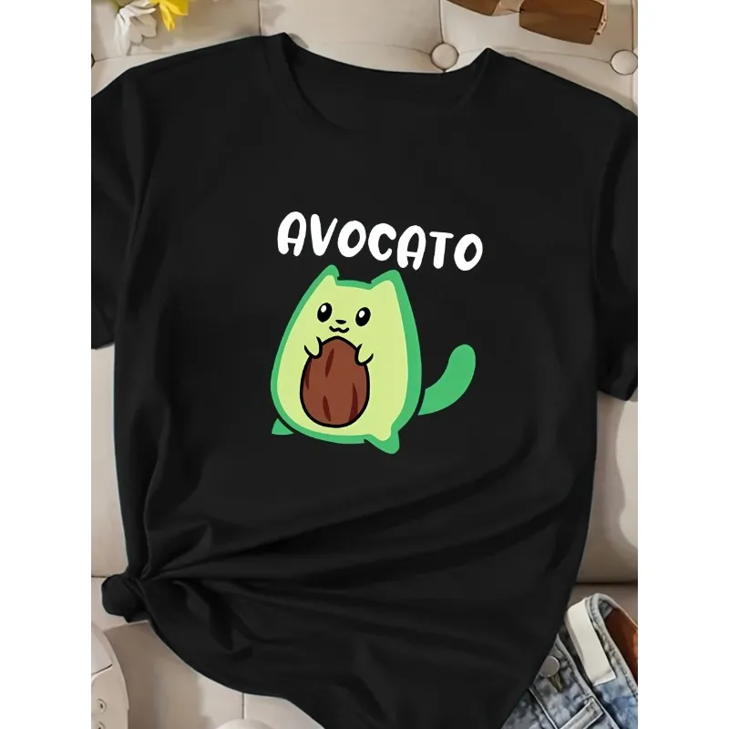 

Avocado Cartoon Fashion Versatile English Printed Women's Casual Sports Women's Round Neck Fashion Trendy Cotton T-shirt