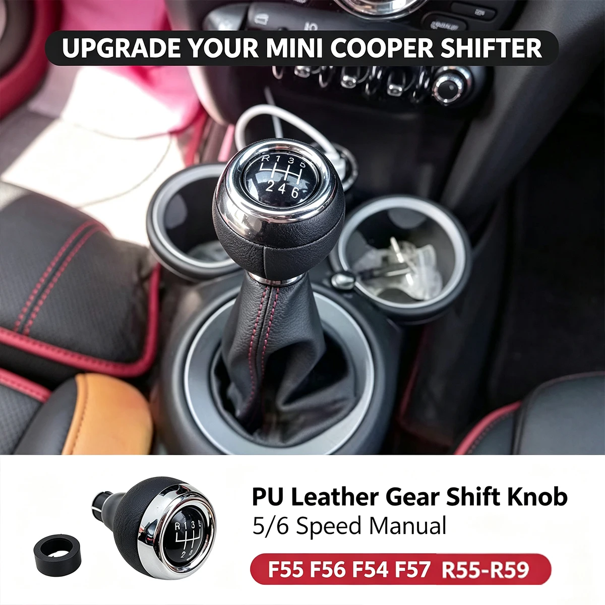 5/6 Speed Gear Shift Knob For Mini Cooper F54 F55 F56 F57 R55 R56 R57 R58 R59 R60 R61 - PU Leather Ball Shifter OEM Style
