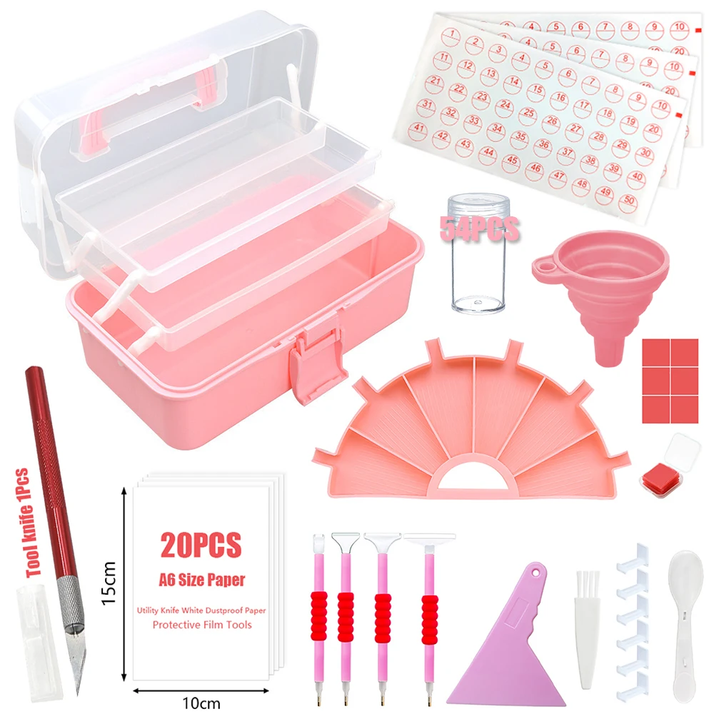 

Diamond Painting Accessories Kit - Organizer Box with Putty Drills Pens Cover Knife Tray Lid Stickers Mosaic Funnel for Art