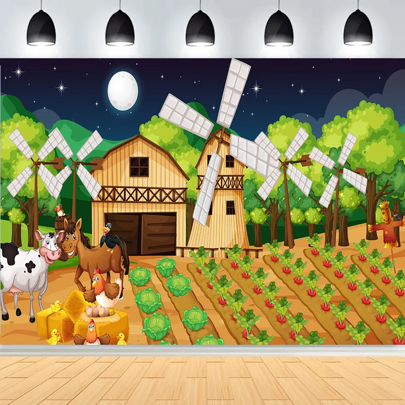 مشهد المزرعة رجل المزارع القديم والحيوانات اللطيفة خلفيات للتصوير الفوتوغرافي الحمراء الحظيرة طاحونة الألبان البقرة حفلة عيد ميلاد خلفية NC-04 #2