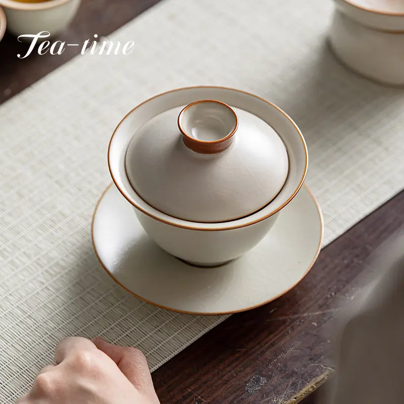 

Boutique Ru Kiln Sancai Tea Cups Handmade Crafts Ceramics Tea Tureen Can Improve Gracked Glaze Tea Maker GaiWan Kung Fu Teaware