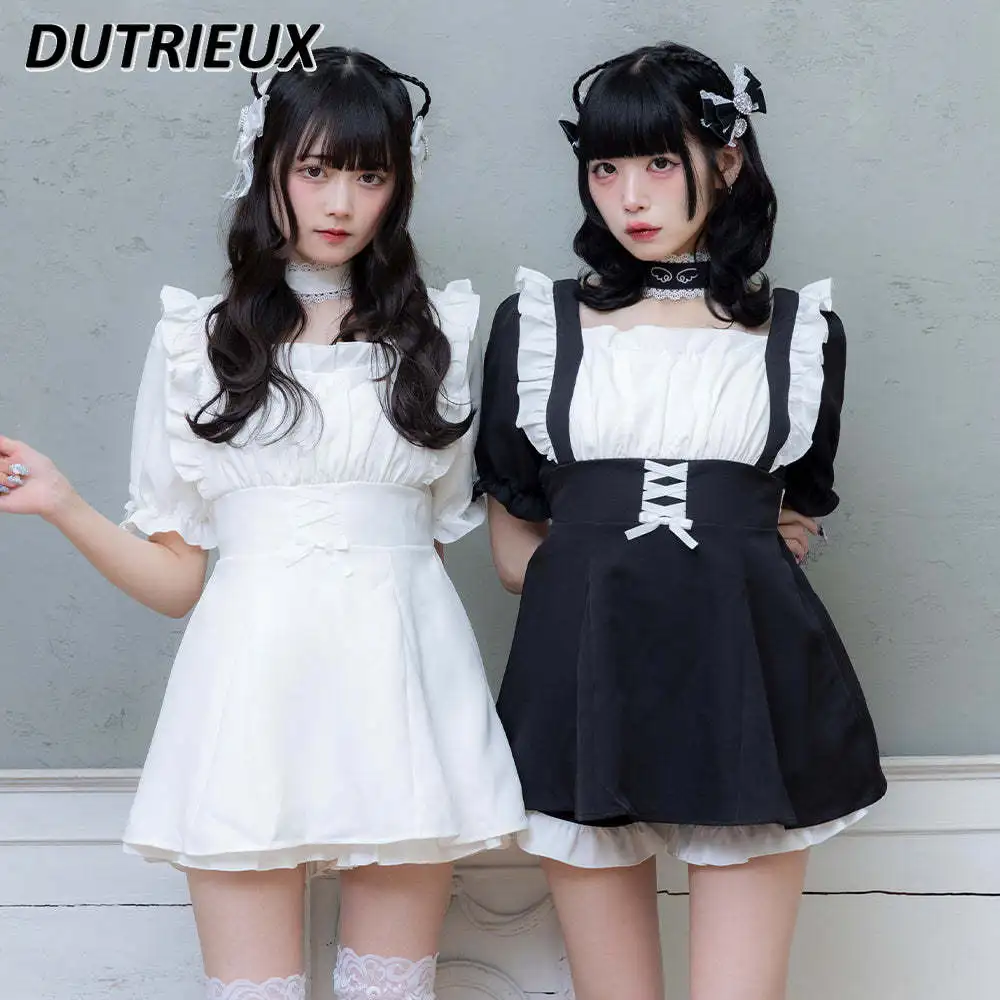 Japanese Sweet Lolita Two-Piece Set Halter Square Collar Wooden Ear Top Dress and Base Shorts Slimming Fitted Waist Bowknot Suit