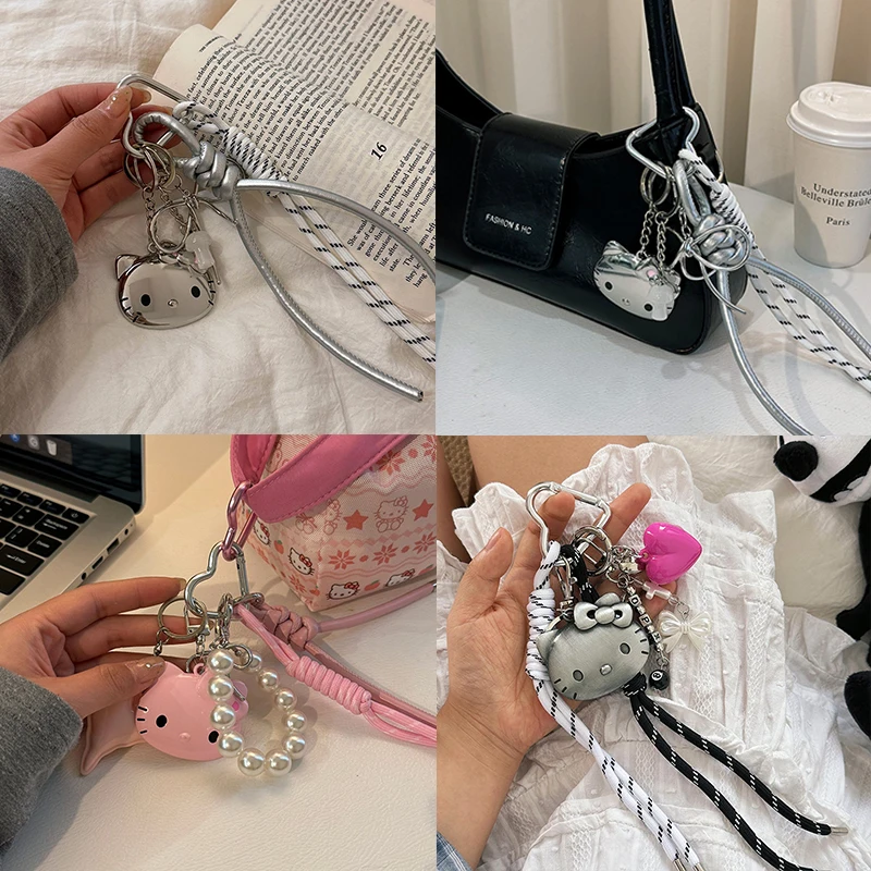 

Милый брелок-подвеска Hello Kitty Sanrio с серебряным плетеным шнурком для сумок, модный аксессуар для девочек, подарок, украшение для сумки