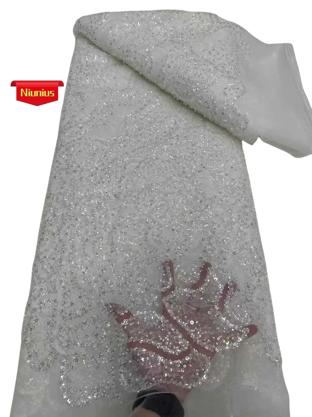 

Pure White Elegant Tulle Lace Fabric with Lots of Stones – Best Quality Soft & Luxurious for Bride Wedding Party DressNN6928_z