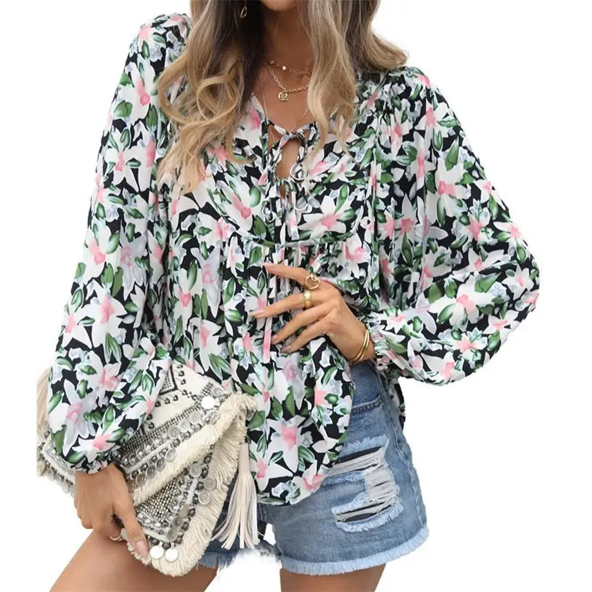 

Floral Ruffled Waist irt Women's Long Sve Loose Fit Polyester Fiber Printed Plant Floral Pattern Autumn Season Faion