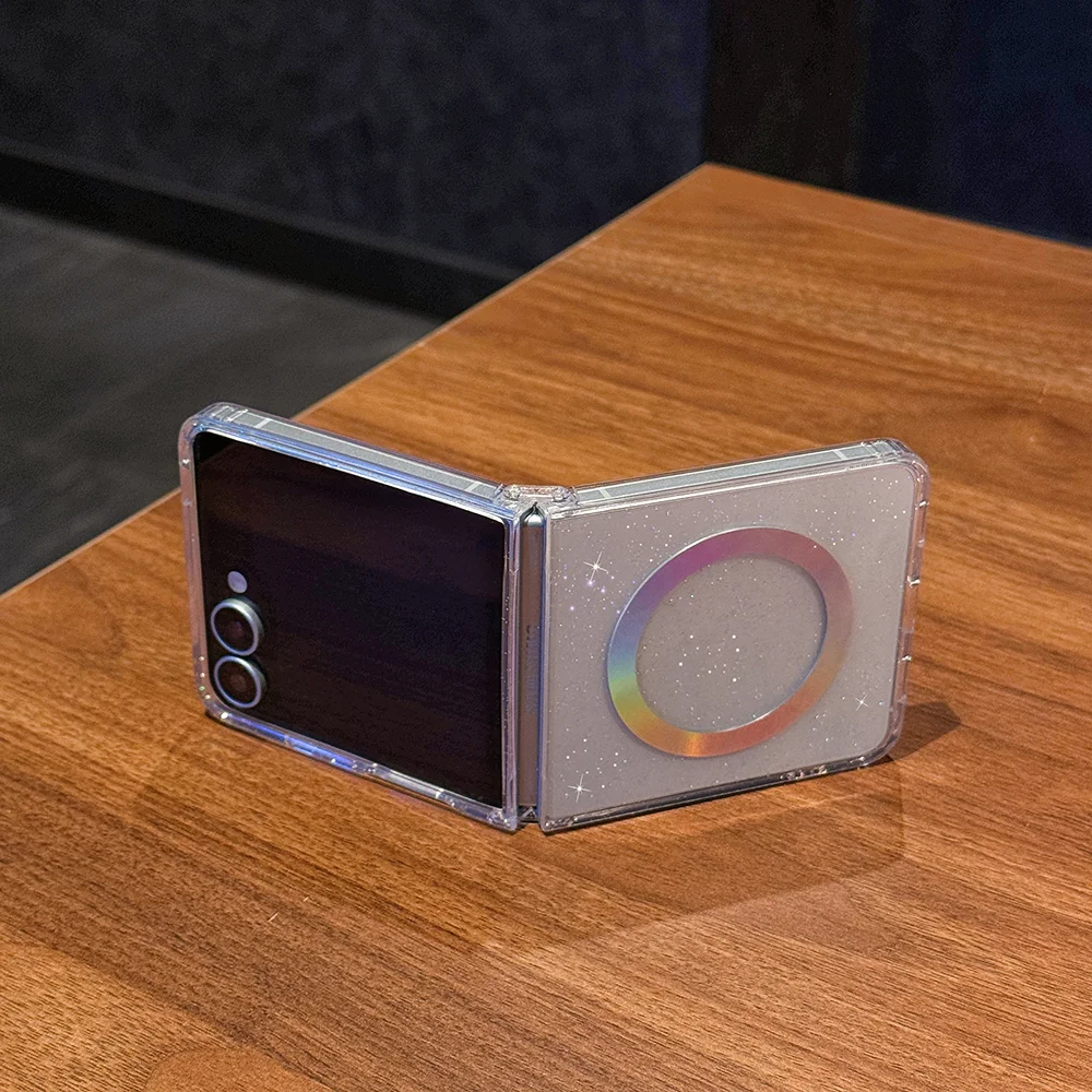 Z Flip7 Custodia magnetica colorata con glitter trasparente per Samsung Galaxy Z Flip 7 ZFlip7 Cover laser antiurto con ricarica wireless