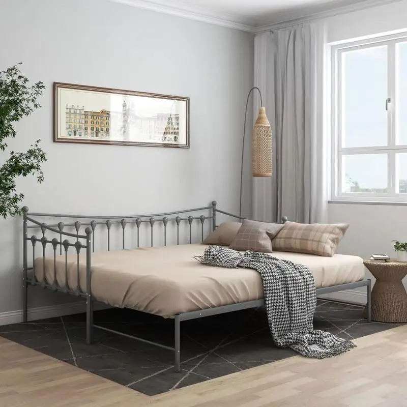 Sofa mit ausziehbarem Bettgestell, grau, Metall, 90x200 cm