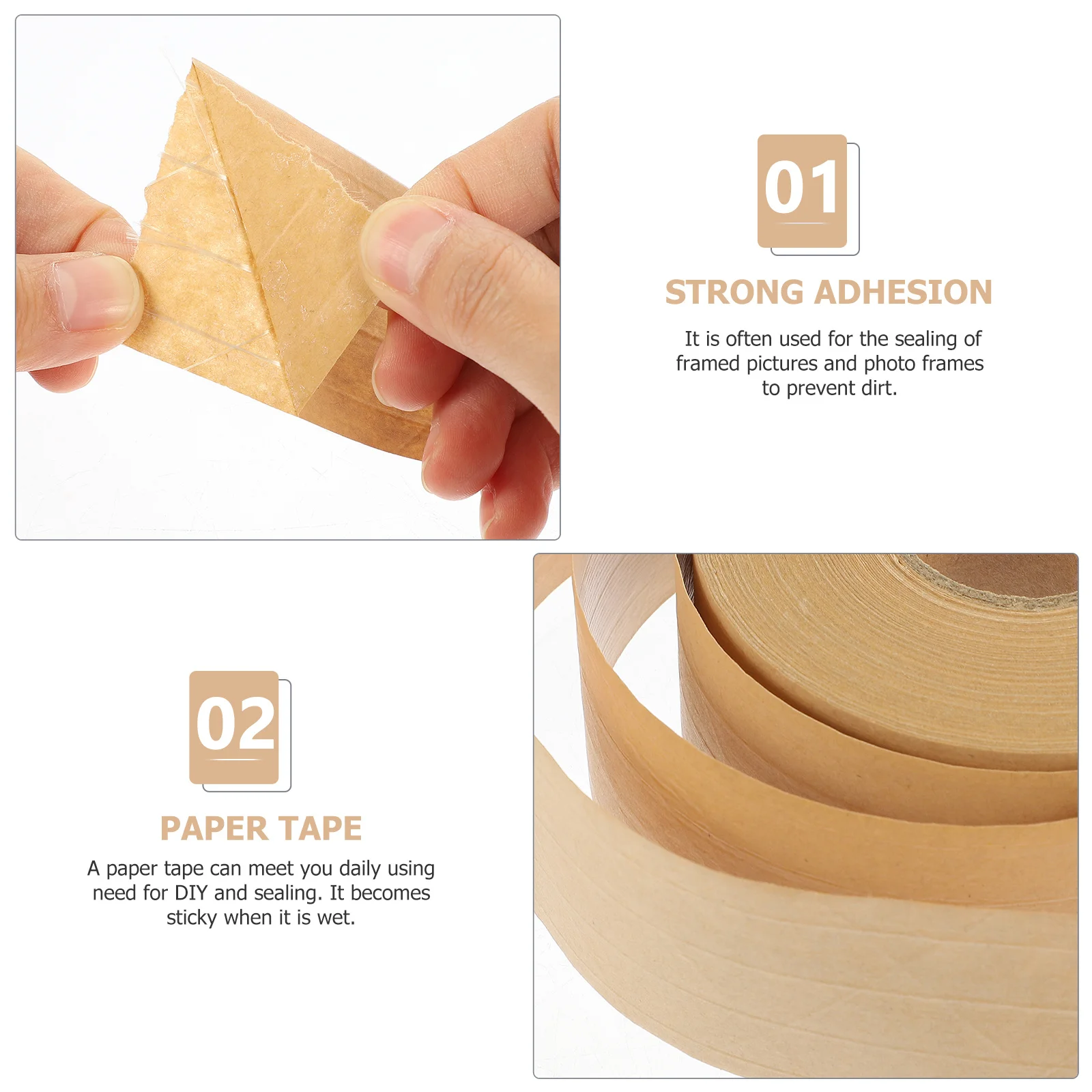 

1 Roll Water Activated Paper Kraft Packaging Tape Multi-Function Adhesive For Carton Sealing Household Use Lightweight