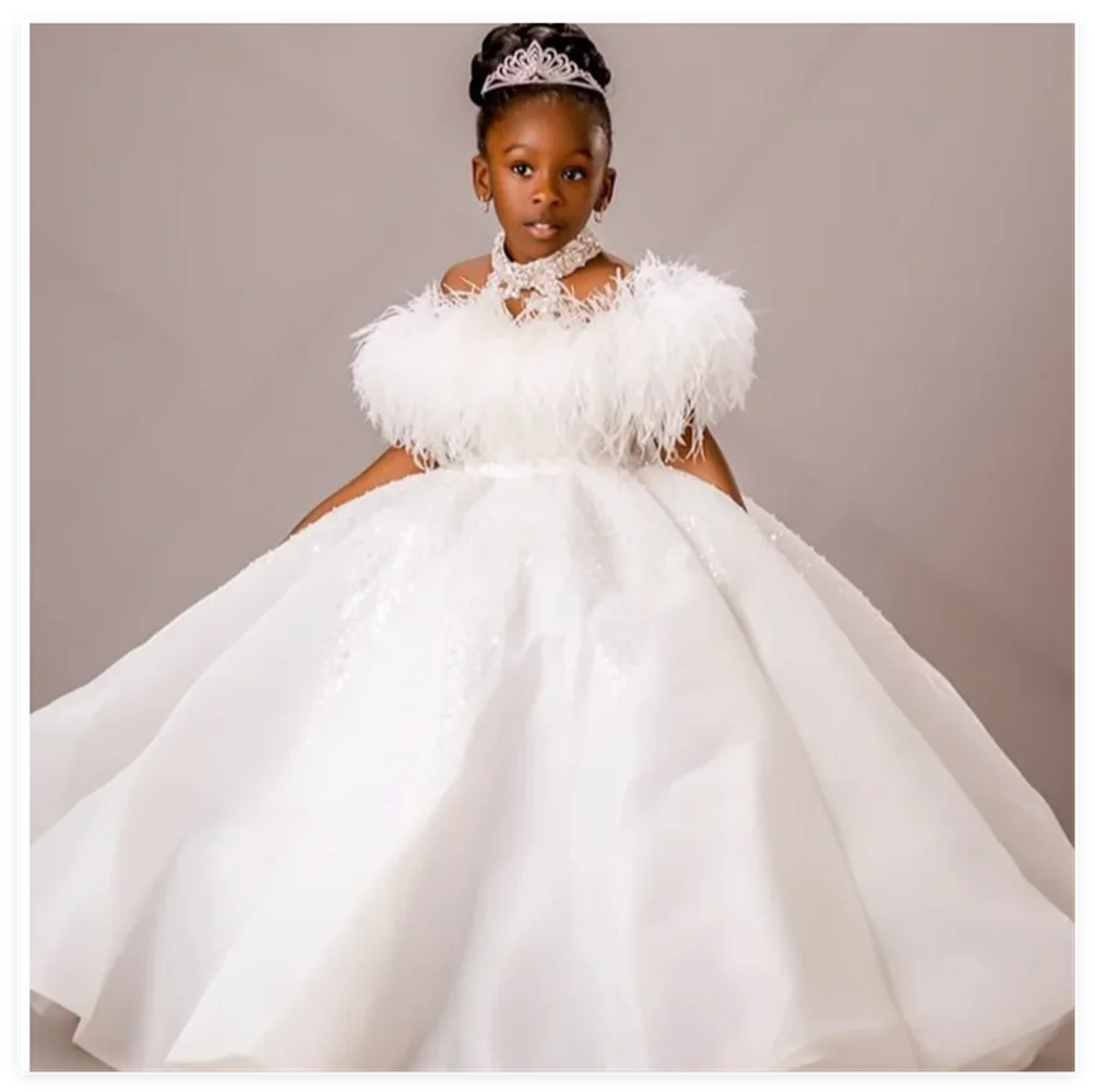 

White Pearls Flower Girls Dress First Birthday Princess Bow Back Tulle Christmas New Ball Gown Photoshoot Party